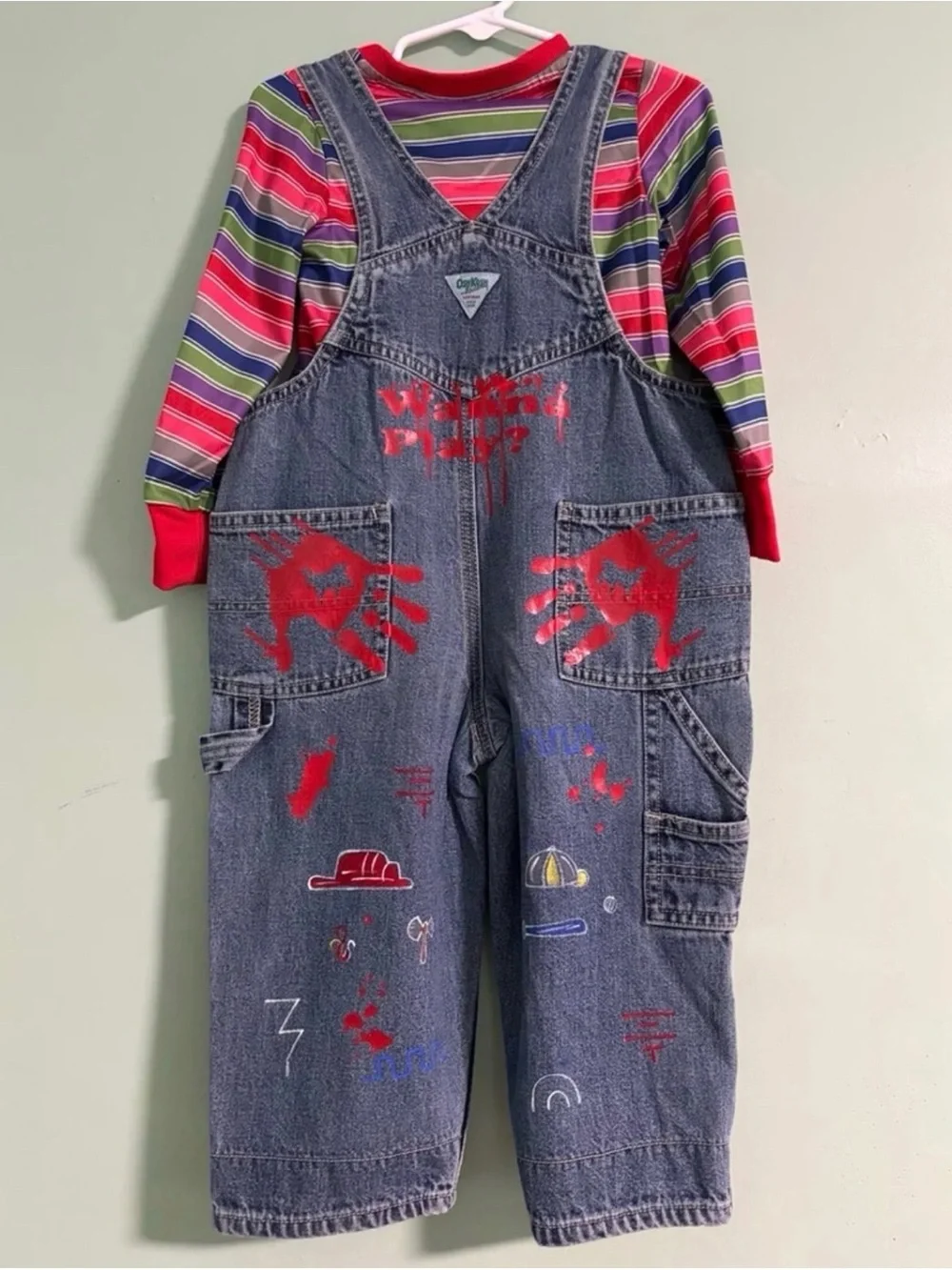 Custom Made Chucky Costume Overalls And Striped Shirt One Of A Kind Size 2t